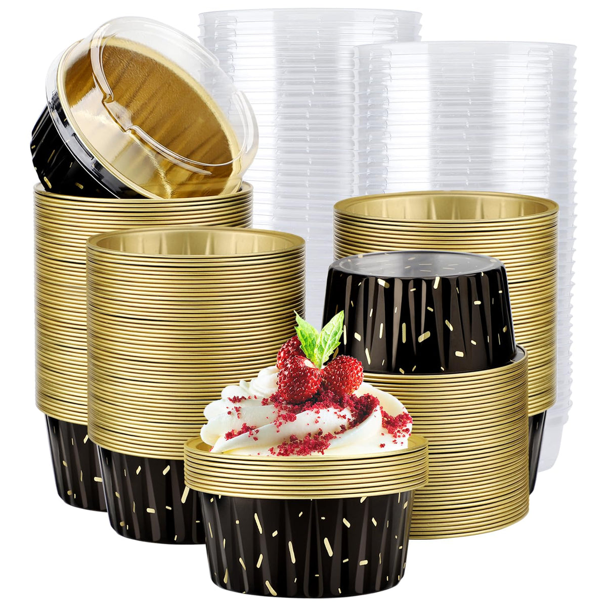 EUSOAR Cupcake Liners for Baking, 50pcs 5oz Muffin Liners, Disposable Foil Ramekins, Dessert Containers, Aluminum Foil Baking Cupcake Cups Holders Pans with Lids 5 Colors Mixed