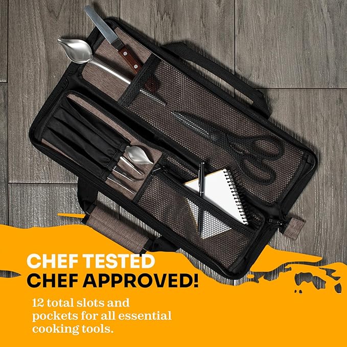 Asaya Chef Knife Roll Bag - 12-Pocket Chefs Case for Kitchen Knives and Utensils, Lightweight Stain-Resistant Waxed Nylon Chef Knife Bag - Knives Not Included (Brown)
