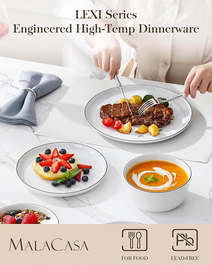 MALACASA 18-Piece Dinnerware Set for 6, White Black-Rim Porcelain Dishes