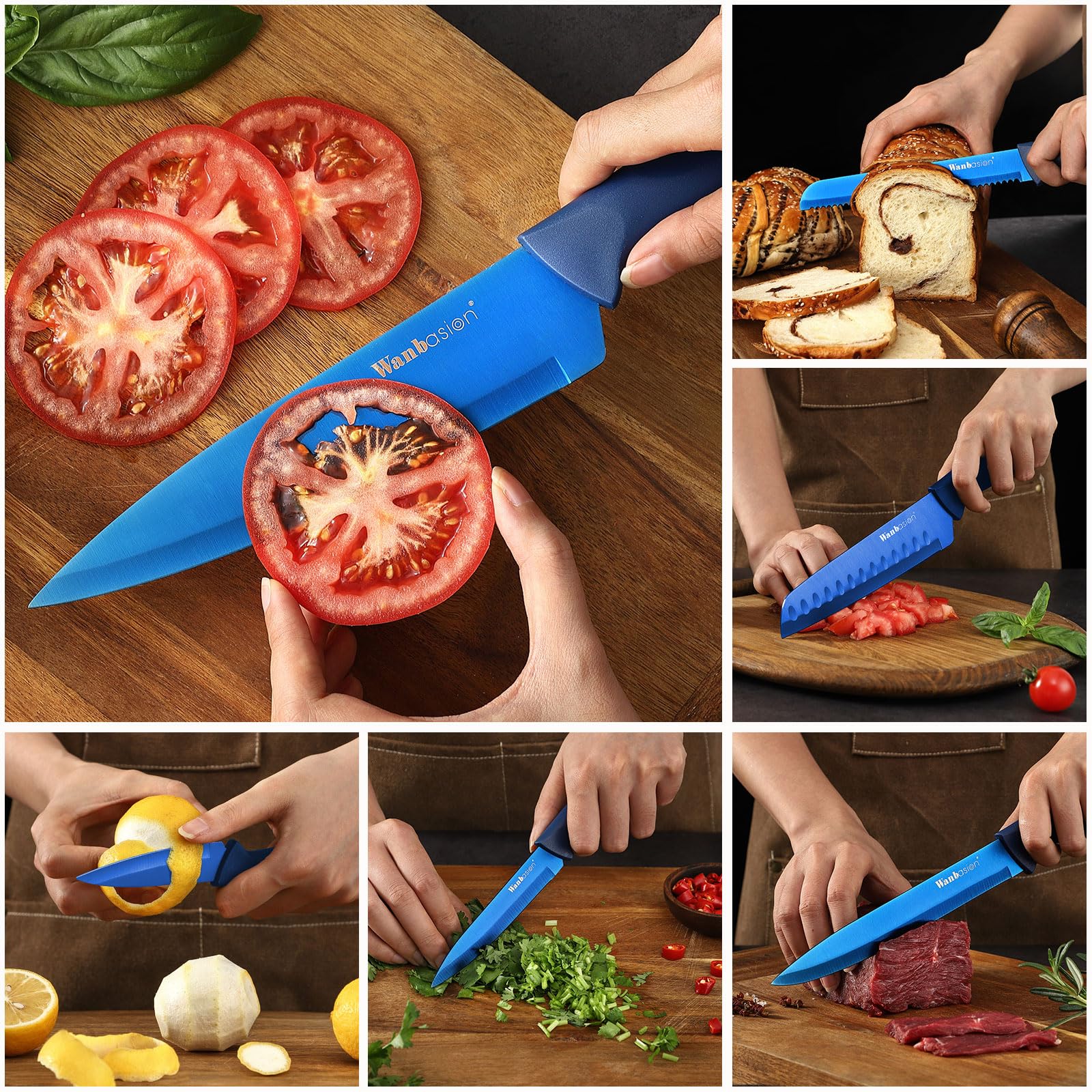 Wanbasion Blue Professional Kitchen Knife Chef Set, Stainless Steel, Dishwasher Safe with Sheathes