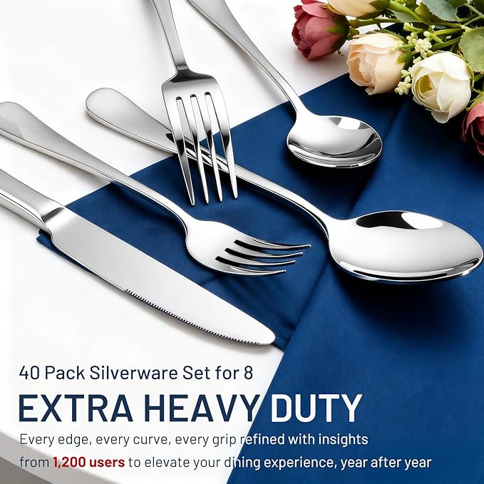 KIKCOIN 40 Pack Silverware Set for 8, Food-Grade Stainless Steel Flatware Set, Heavy Duty Mirror Polished Cutlery Utensils Set with Knives Spoons and Forks Set for Home Kitchen Restaurant Wedding