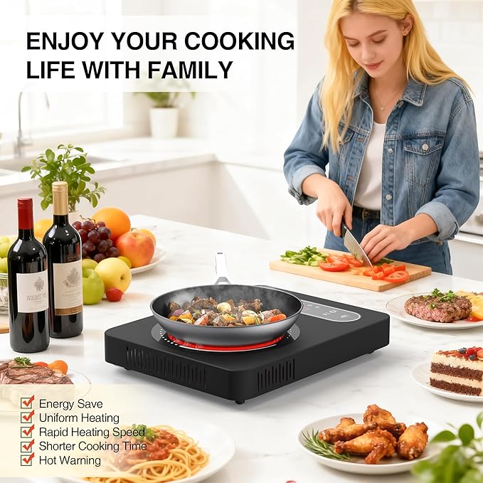 Electric Cooktop 1800W, Single Burner Portable Electric Stove 110V with LED Touch Screen 10 Power Levels, Hot Plate with Child Safety Lock, Timer and Overheat protection, Compatible with All Cookware