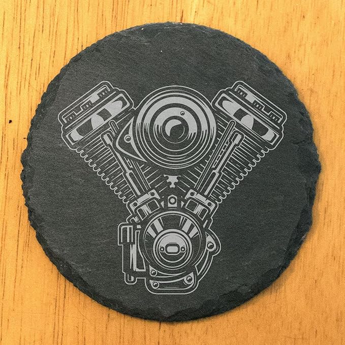 Rustic V-Twin Engine Slate Coasters Set of 6 – Round – Handmade USA