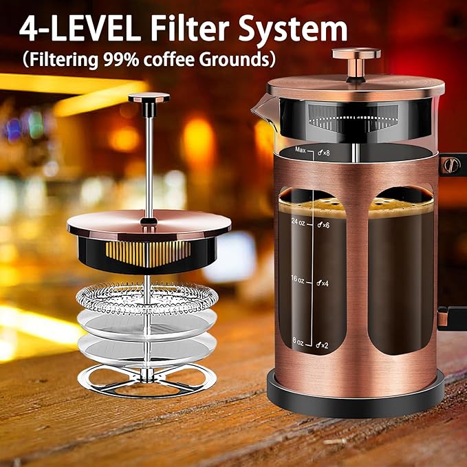 YMMIND French Press Coffee Maker (34oz 1Quart 5-6Cup) Coffee Press, with 4 Filters System, Heat Resistant Thickness Borosilicate Glass, Cold Brew Coffee Tea Pot Gifts (Copper)