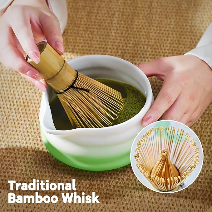 Matcha Whisk Set with Tea Caddy, Green 8 Pcs Matcha Kit Includes Bowl with Spout, Whisk & Holder, Ceramic Tea Caddy, Bamboo Scoop & Rest, Sifter, Tea Towel, Gift for Tea Lovers