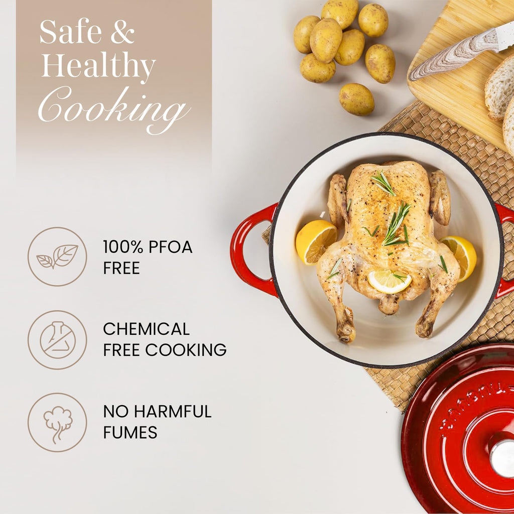 Cast Iron Pot with Lid - Non-Stick Ovenproof Enamelled Casserole Pot, Oven Safe up to 500° F-Sturdy Dutch Oven Cookware-Red, 5-Quart, 24cm-by Nuovva