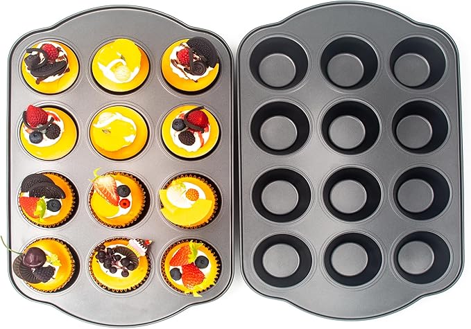 Bakexcel Non-Stick Standard Muffin Pans, 2.95" 12-Cup Set of 2 Baking Pans, Heavy Duty Carbon Steel Tins for Standard Muffins & Cupcakes