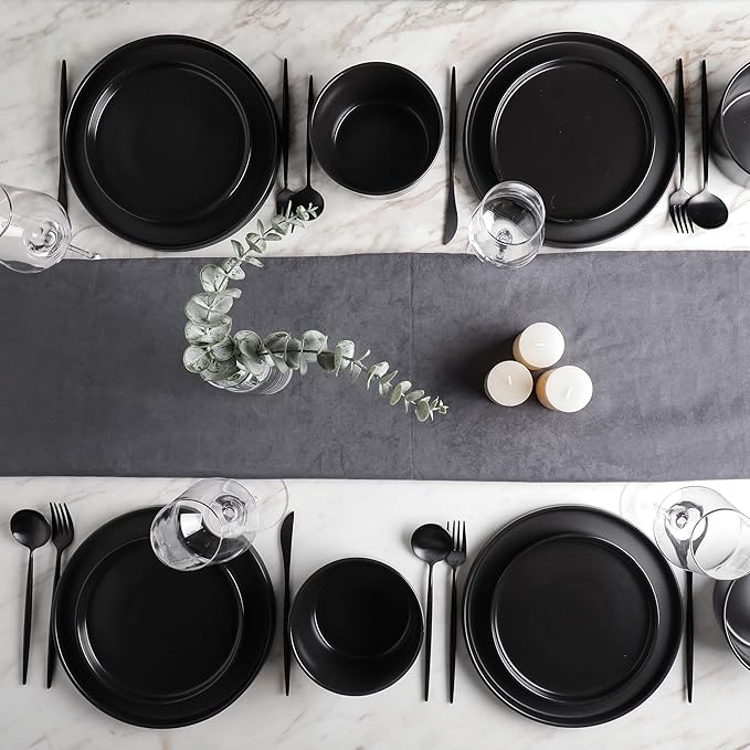 Stone Lain Celina Stoneware 32 Piece Modern Dinnerware Set, Plates and Bowls, Black Matte, Service for 8, Microwave & Dishwasher Safe