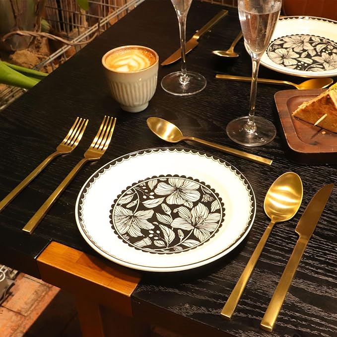 Kelenfer Stainless Steel Flatware Set Hand Forged 18/10 Silverware Set Cutlery Set Gold Cuboid Handle Matte Finished 20 Pieces Service for 4