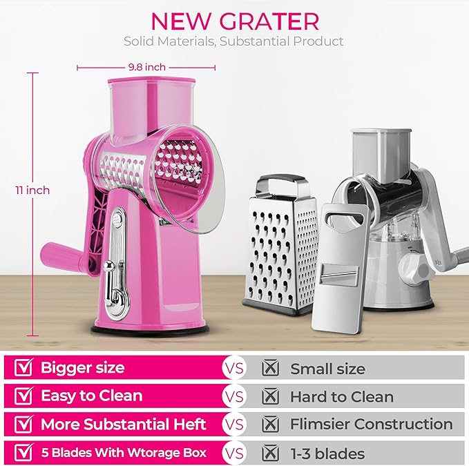 SUSTEAS Rotary Cheese Grater 5 Blades,Kitchen Mandoline Vegetable Slicer