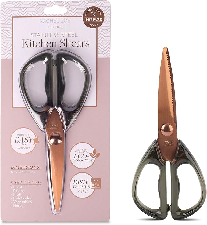 Rachel Zoe All Purpose Scissors, Scissors for Office, School or Art, Stainless Steel Sharp Shears with Large Handles, Dishwasher Safe (Green/Copper)