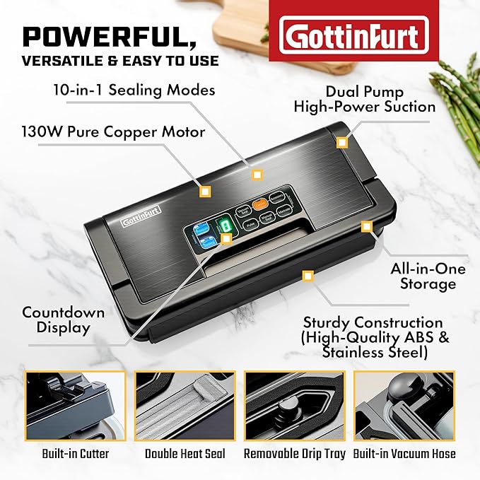2025 Upgraded 95Kpa Vacuum Sealer Machine, 10-in-1 Pro Food Vacuum Sealer with Bags & Roll, Food Vacuum Sealer with 130W Dual Pump Motor, Double Heat Seal, Built-in Cutter & External Hose