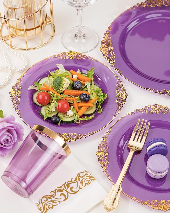 Nervure 350Pcs Purple Plastic Plates, Plastic Dinnerware Set for 50 Guests