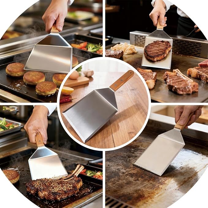 vriysei Smash Burger Spatula, Premium Large Meta Spatula - 6x5 inch Extra Wide Spatulas for Griddles & Grills, Steel Heavy Duty, Wooden Handle （2pcs）
