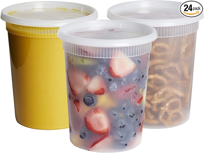 GUSTO 32 oz Plastic Deli Containers with Lids [24 Sets] Food Storage