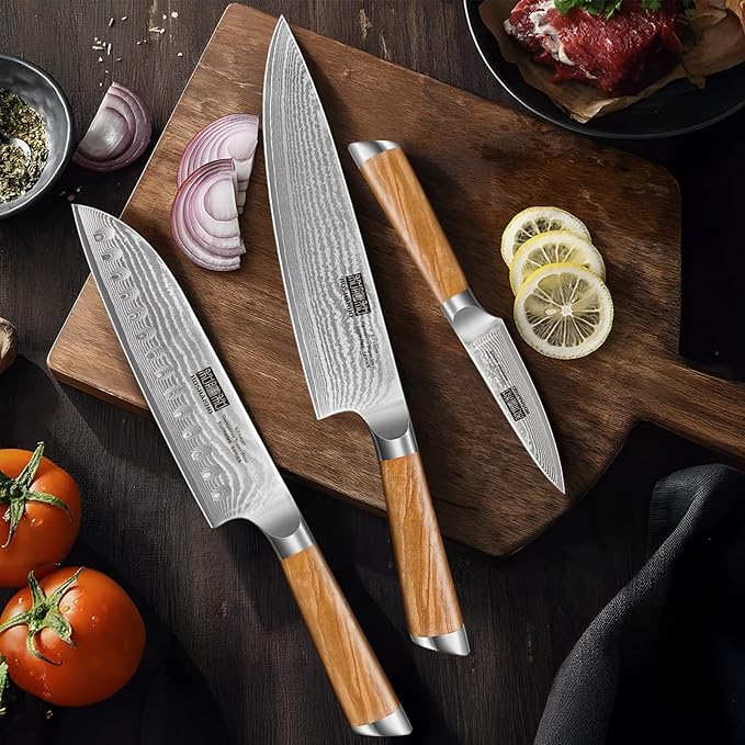 HOSHANHO Damascus Kitchen Knife Set 3PCS, Sharp Chef/Santoku/Fruit Knives