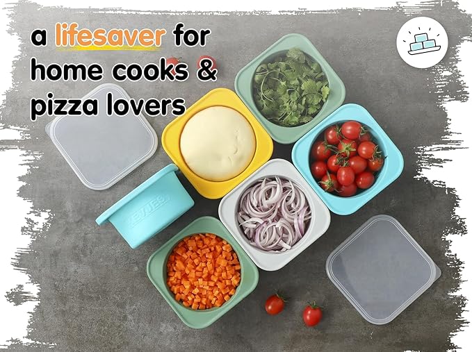 KEVJES Stackable Silicone Artisan Pizza Dough Proofing Proving Containers with Lids pizza making accessories-4 pack-500ml portion (Yellow)