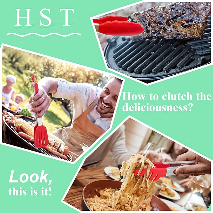 HST Non Stick Silicone Kitchen Tongs, 3 Pack 12 Inch Red BBQ Cooking Baking