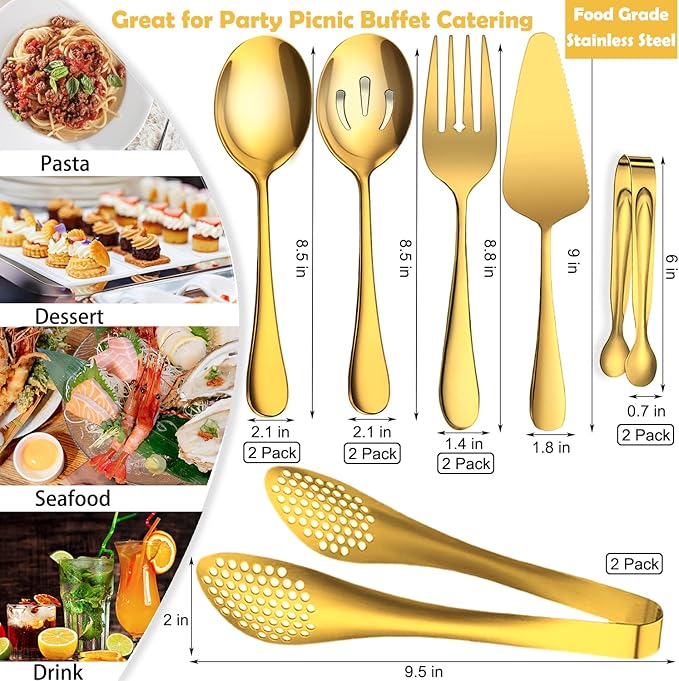 IAXSEE 11 PCS Serving Utensils, Large Stainless Steel Spoons Forks Tongs, Pie Server, Great for Hostess Buffet Catering Banquet Party, Gold