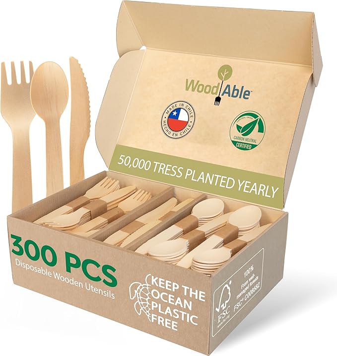 WOODABLE Wooden Cutlery, 300 Pack, 6.5 Inch, Bamboo Utensils Alternative