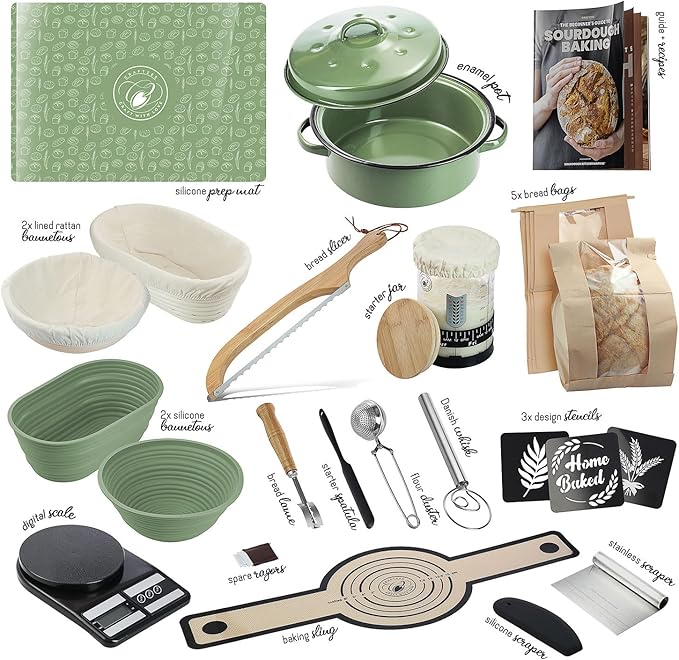 CraftZee All-Inclusive 𝗣𝗥𝗘𝗠𝗜𝗨𝗠 Sourdough Starter Kit with Pot, 34 Oz Starter Jar, 4 Banneton Bread Proofing Baskets, Scraper, Scale, Sourdough Bread Baking Supplies, Beginner Guide & Recipes
