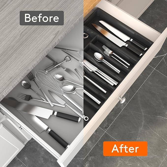 Lifewit Extra Large Silverware Drawer Organizer, Expandable Utensil Tray for Kitchen, BPA Free Flatware and Cutlery Holder, Adjustable Plastic Storage for Spoons Forks Knives, 13-22 x 15, Black