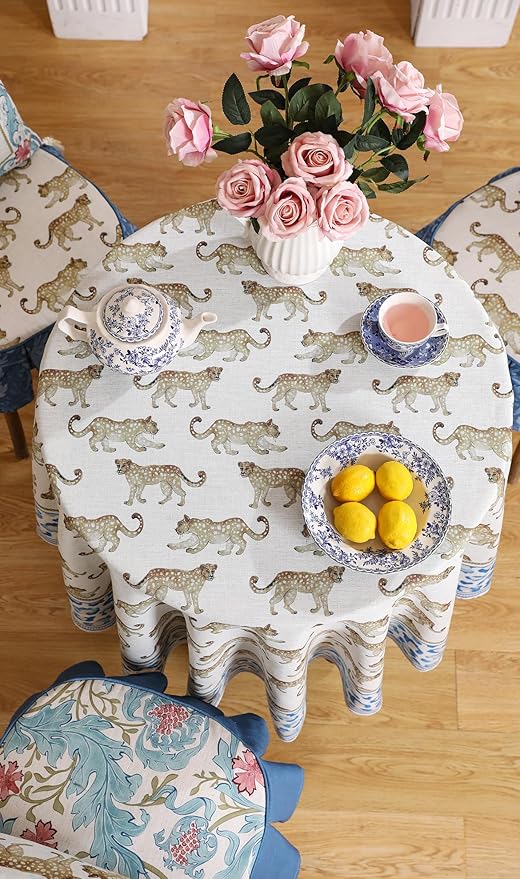 patdrea Vintage Leopard Print Linen Tablecloth,Round,Diameter 55"-from