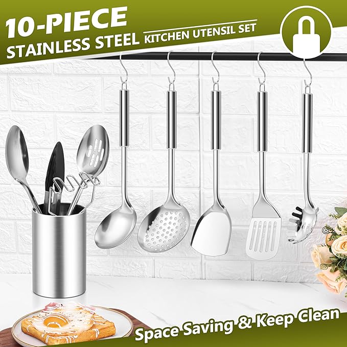 E-far Stainless Steel Kitchen Cooking Utensils Set, 10-Piece with Holder