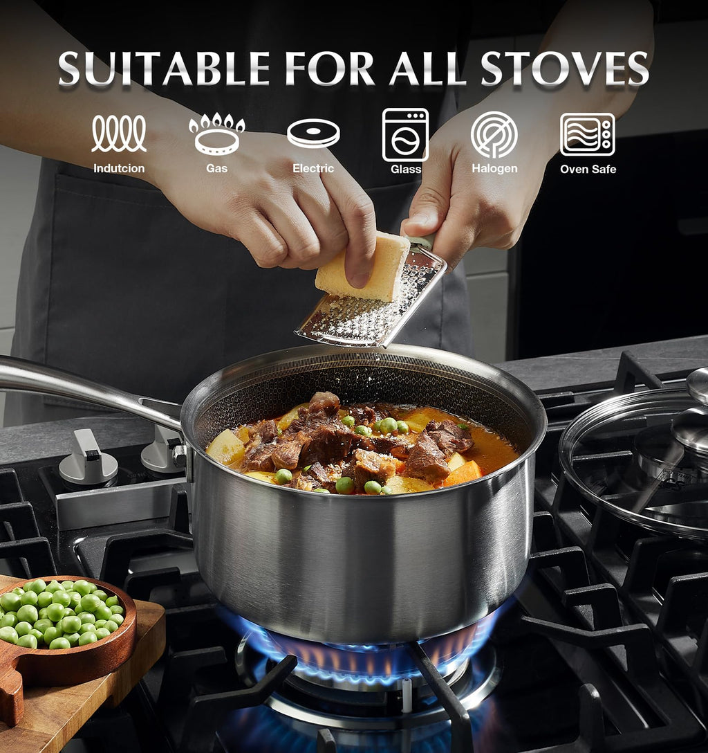 KOCH SYSTEME CS Hybrid Nonstick Stainless Steel Saucepan Set, 1QT & 2QT Triply Stainless Steel Saucepan Set with Hybrid Nonstick Honeycomb Interior, 4-Piece Sauce Pans, Induction Steel Pot Set