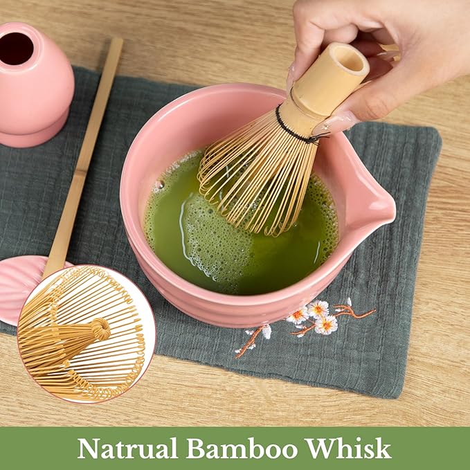 Liyarya Matcha Whisk Set, Traditional Matcha Kit Includes Matcha Bowl, Pink Whisk with Holder, Scoop, Scoop Rest, Sifter, and Tea Cloth – 7 Piece Matcha Whisk Set, Gift Set for Tea Enthusiasts