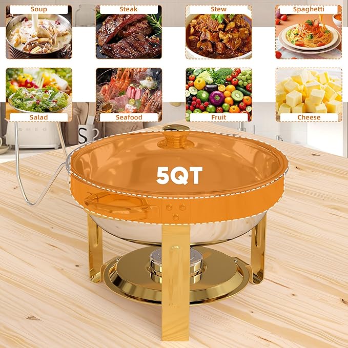 EffiQ-Rate 5QT Round Chafing Dishes for Buffet, Gold, 4 Pack