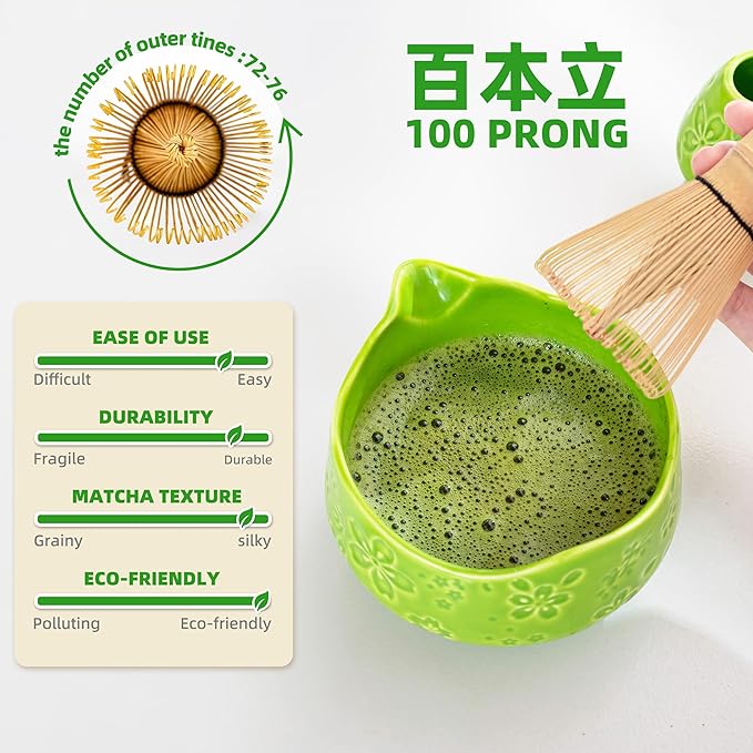 TEANAGOO 7-PCS Green Matcha Whisk Set, Complete Ceremony Start Kit, Ceramic Chawan Bowl with Spout, Whisk & Accessories, Traditional Matcha Tea Set for Lattes& Gift Giving