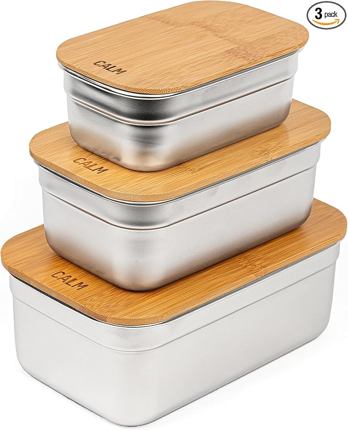 Calm Organics Stainless Steel Food Containers with Bamboo Cutting Board Lids | Set of 3 Reusable Meal Prep Boxes | Airtight Leak-Resistant | Dishwasher Safe | BPA-Free | 2, 4, 6 Cup Sizes