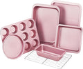 KITESSENSU Baking Pans Sets, Nonstick Bakeware Sets 19-Piece with Round/Square Cake Pan, Loaf Pan, Muffin Pan, Cookie Sheet, Roast Pan, Cooling Rack, Carbon Steel Bake Set Pink
