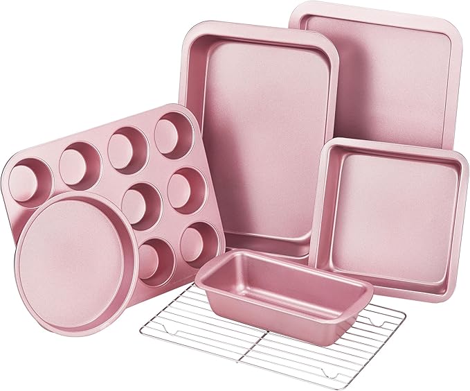 KITESSENSU Baking Pans Sets, Nonstick Bakeware Sets 19-Piece with Round/Square Cake Pan, Loaf Pan, Muffin Pan, Cookie Sheet, Roast Pan, Cooling Rack, Carbon Steel Bake Set Pink