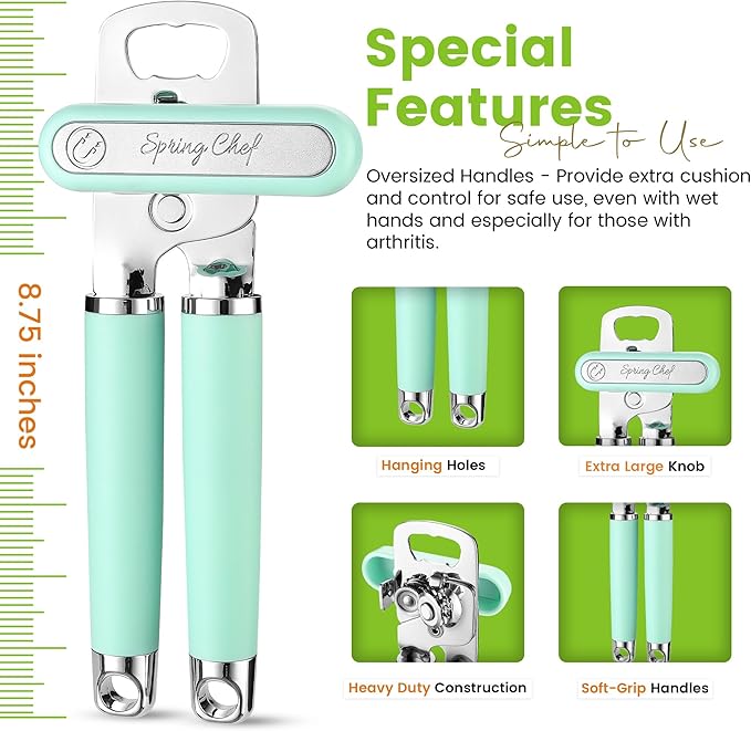 Spring Chef Stainless Steel Manual Can Opener with Soft Grip Handles, Mint