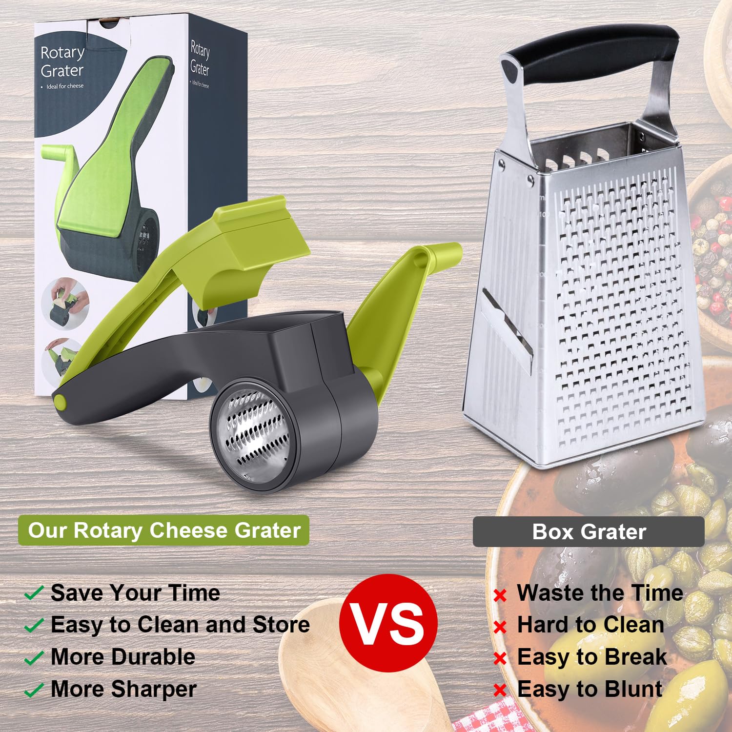 Boao Rotary Cheese Grater Manual Handheld Cheese Grater with Stainless Steel Drum for Grating Hard Chocolate Nuts Kitchen Tool Christmas favors(Gray Green)