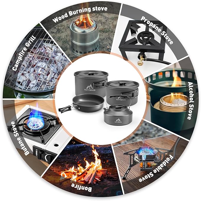 27pcs Camping Cooking set for 2-4 People, Portable Cookware Set with Kettle, Pots & Pans, Stainless Steel Utensils, Plates, Dishware for Backpacking, Picnic, Outdoor Adventures