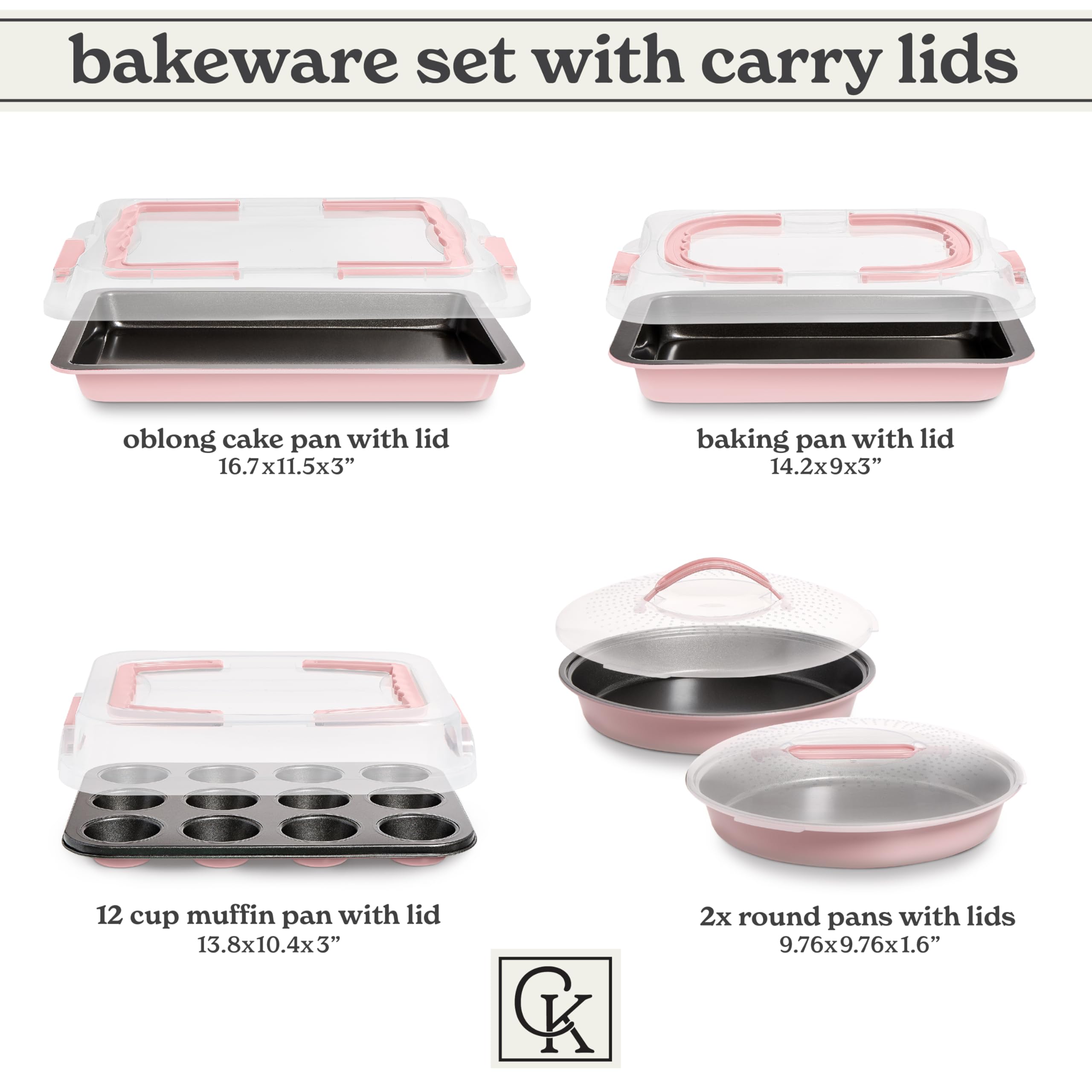 Country Kitchen Baking Pans Set - 10 Piece Non-Stick Cake Pans with Carry Lids for Easy Storage & Travel, Perfect for Parties - Stackable, Pink