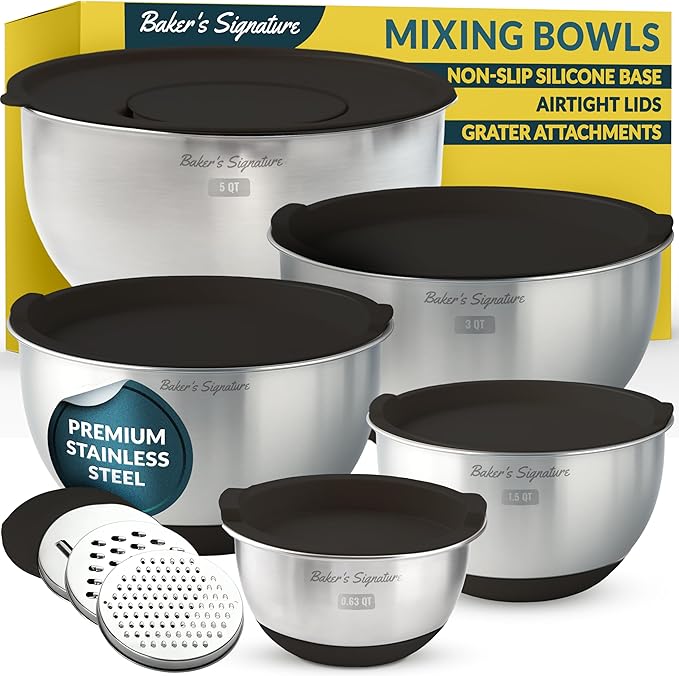 Stainless Steel Mixing Bowls with Lids Set of 5, 3 Graters, Black
