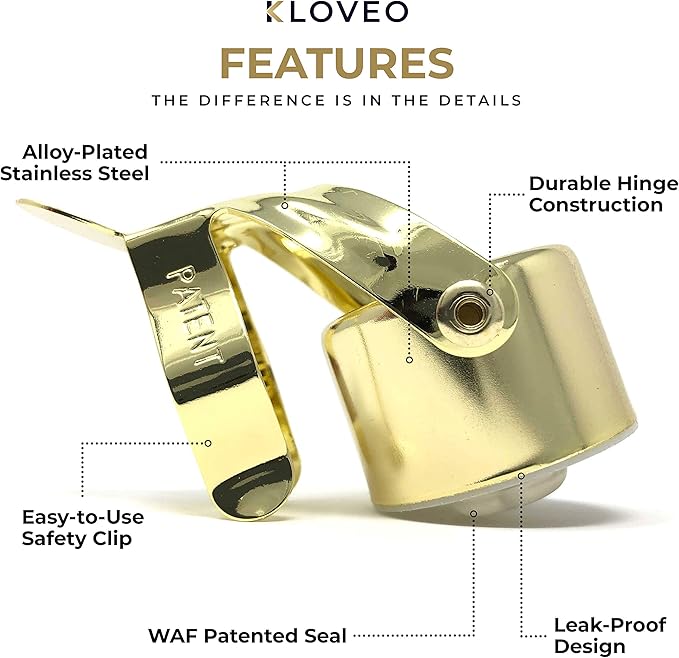 KLOVEO Champagne Stoppers - WAF Patented Seal - Made in Italy - Gold