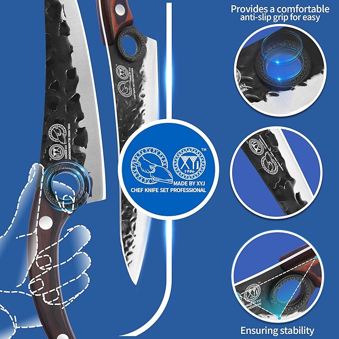 XYJ Professional Kitchen Knife Set with Bag, Forged Blades, Full Tang