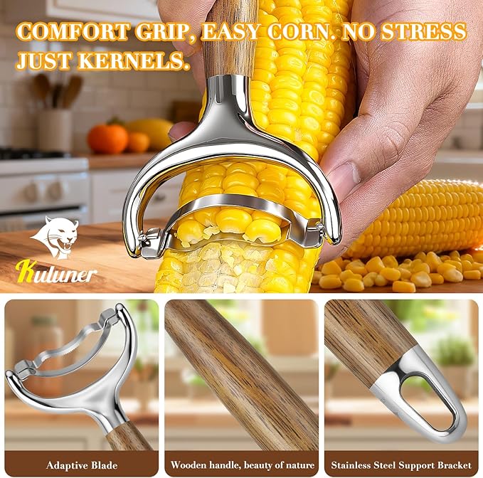 KULUNER Heavy Duty Corn Peeler & Stripper - Merbau Hardwood Handle, Extra Sharp 304 Steel Blade, Ergonomic Design for Arthritis, Seniors, Weak Hands (Merbau)