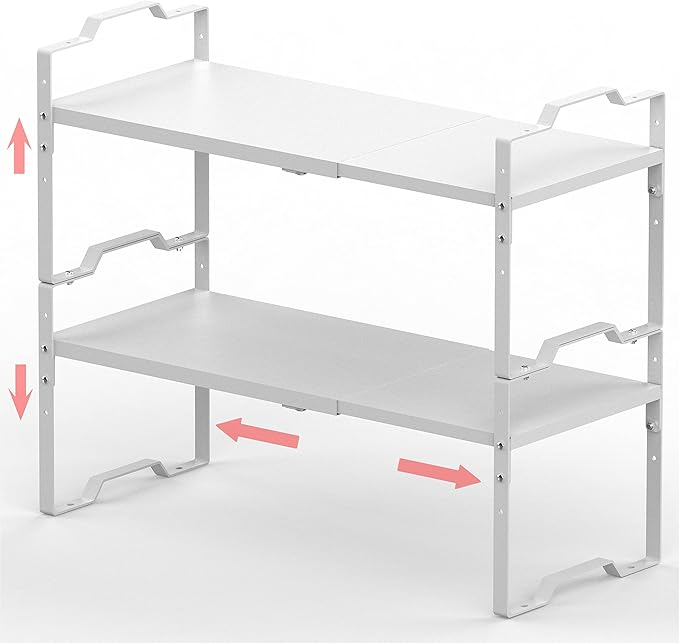 Jojocross Expandable Shelf for Cabinet Organizer Adjustable Stackable Spice Rack at Kitchen and Bathroom More, Counter Countertop Cupboard Organization Pantry Storage(MEDIUM/2PACKS/WHITE)