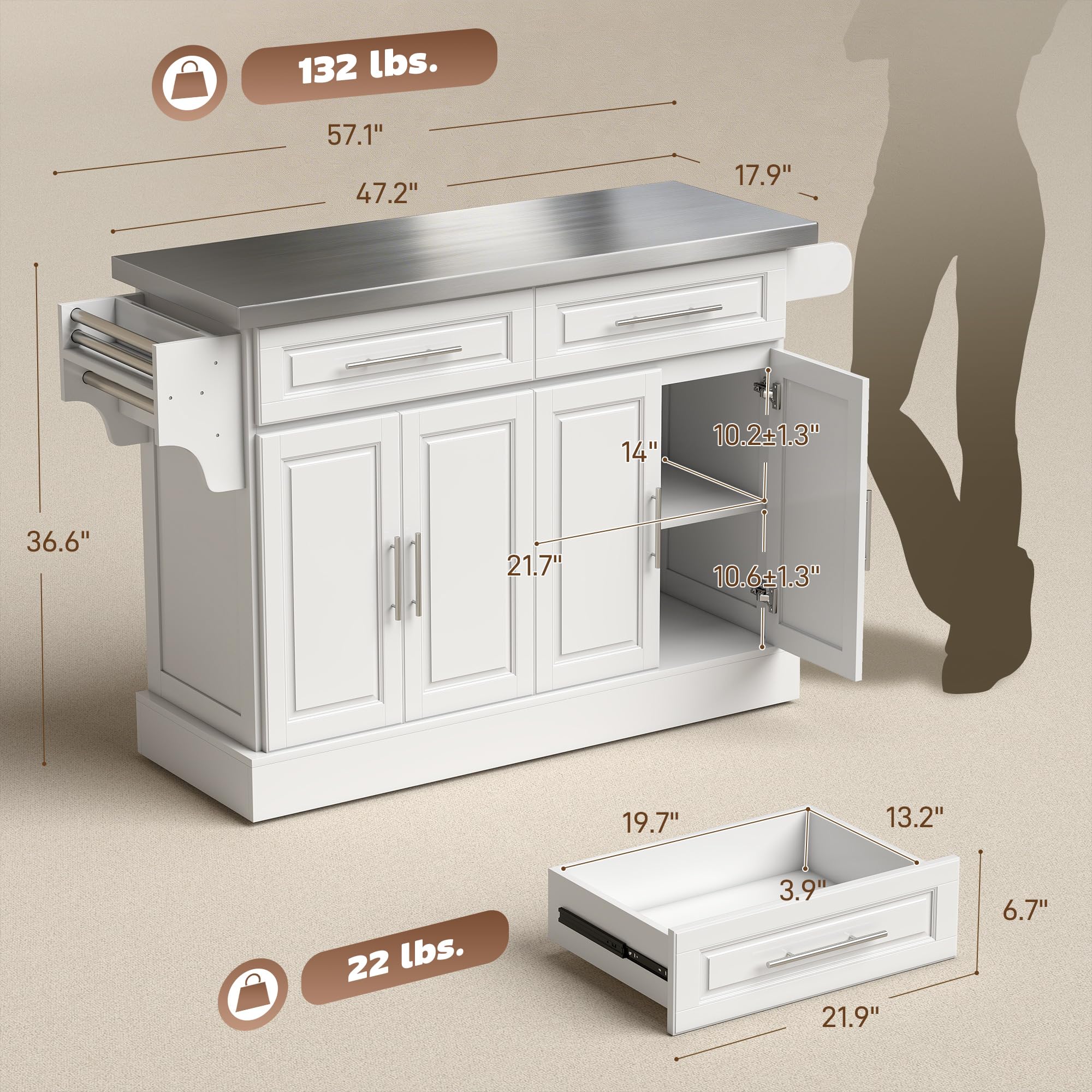 HOMCOM Rolling Kitchen Island Cart with 47" Stainless Steel Top White