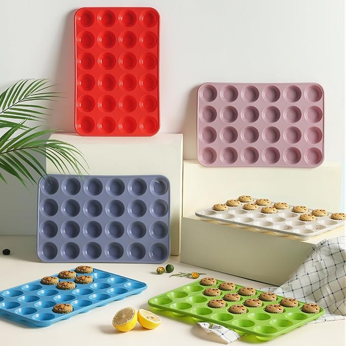 2 Pack 24 Cups Silicone Mini Muffin Pan with Metal Reinforced Frame Silicone Molds Cupcake Pans Tray Egg Bites Circle Cookie Molds Muffin Tin Tart Pans Baking Sheet Set for Breakfast Sandwiches