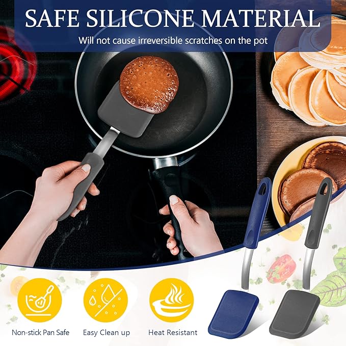 Yetene Silicone Cookie Spatula Turner 2 Pack Mini Brownie Spatula Flexible Kitchen Small Silicone Turner for Nonstick Cookware Heat Resistant No Scratch Flipper for Egg(Solid Flat,Gray, Blue)