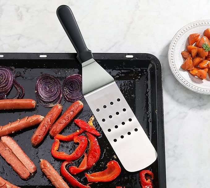 New Star Foodservice 14.5 Inch Perforated Flexible Grill Turner, Stainless Steel Spatula with Black Plastic Handle for Griddle, Flat Top, Grill, and Restaurant Use