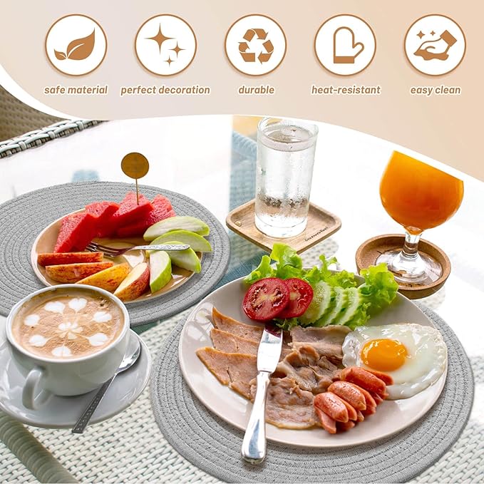 Billbotk Round Woven Placemats Set of 4, 13 Inches Table Place Mats for Dining Table, Hot Pads for Kitchen, Trivets for Hot Dishes, Pots and Pans,Tabletop Accessories(LightGray)