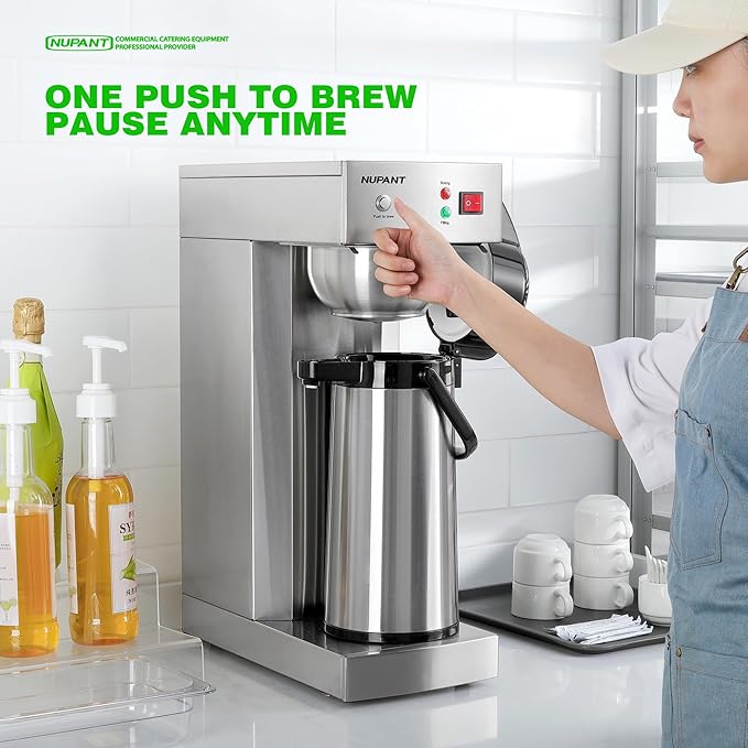 NUPANT Auto-Filling Commercial Airpot Coffee Brewer 2.2L/74oz Dirp Coffee Maker Machine with 24 Hours Hot Thermal Carafe Stainless Steel Pour Over Coffee Dispenser 120V/1450W for Restaurant Office